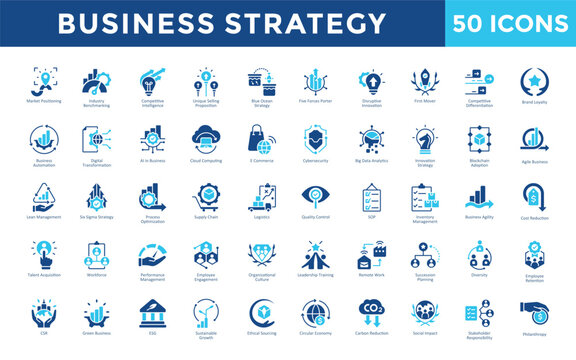 Business Strategy icons set with business plan, vision, mission, goal setting, strategy, swot, competitive advantage, market research, business model, strategic alignment icon. Simple flat vector 
