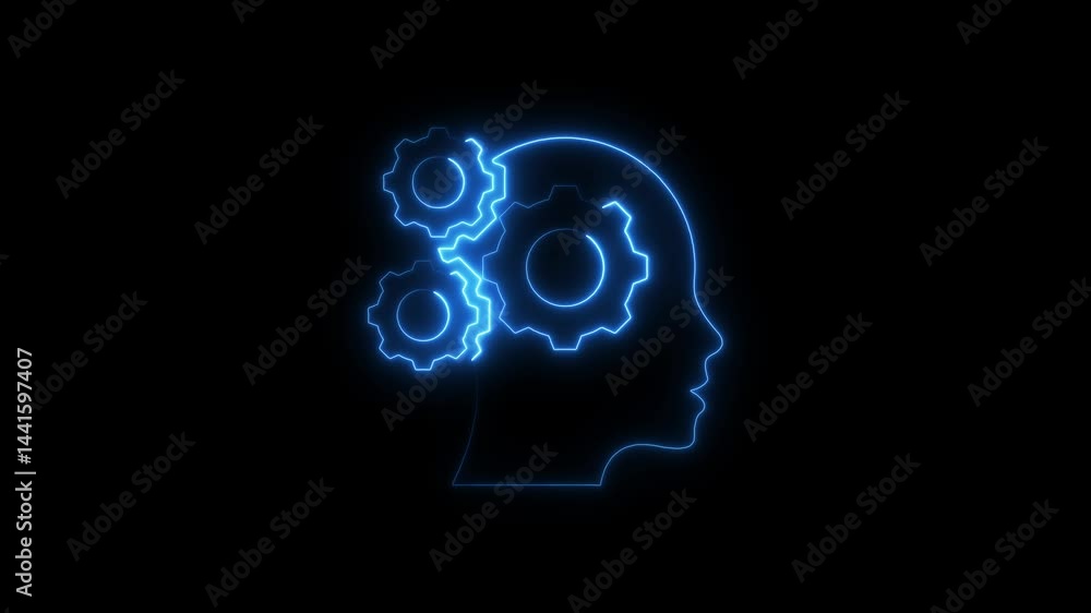 Aufkleber glowing outline of head with gears rotating inside depicts intelligence and problem solving