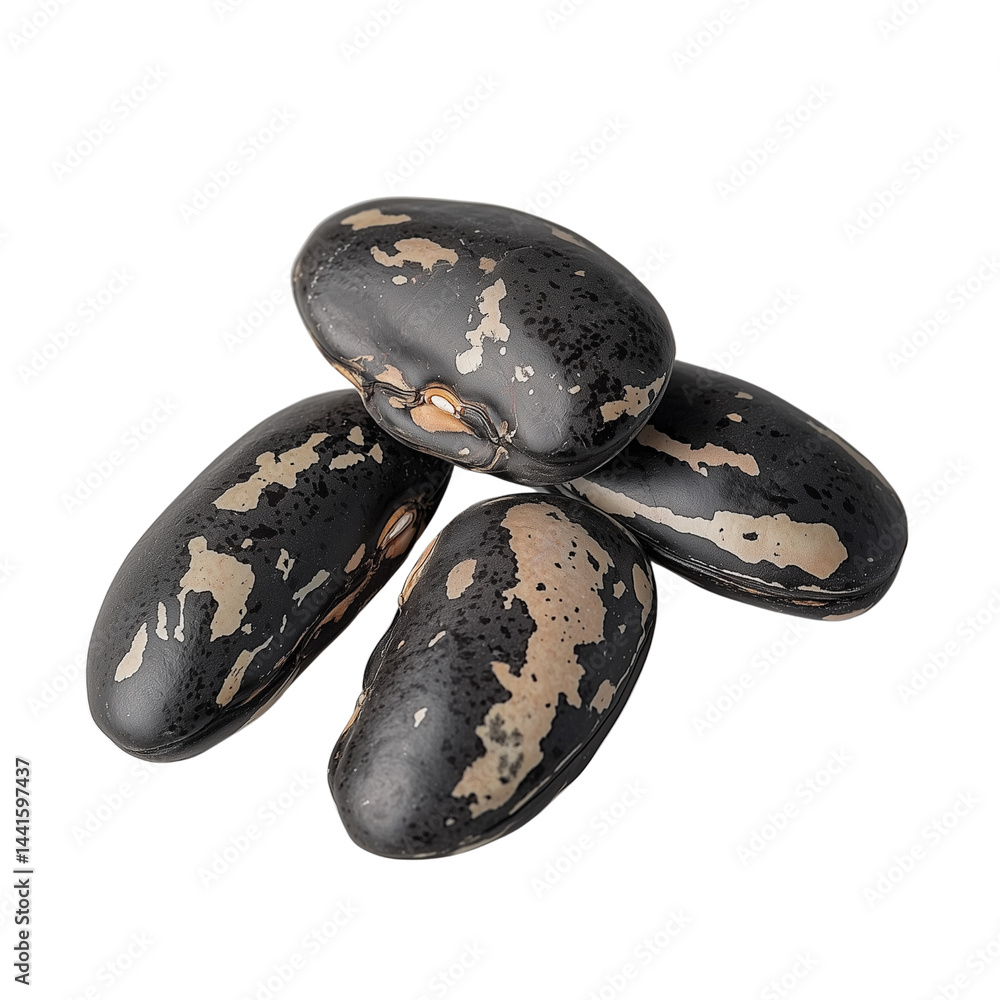 Poster four dark, textured moth beans with earthy tones, arranged in a pile showcasing their unique pattern