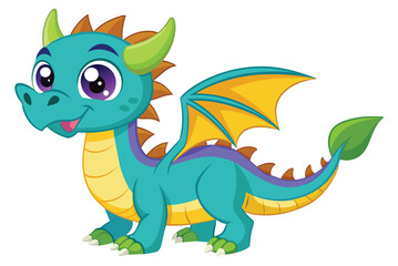 Obraz premium A charming cartoon dragon stands cheerfully with its bright turquoise body and colorful wings. Its friendly face showcases large, expressive eyes.