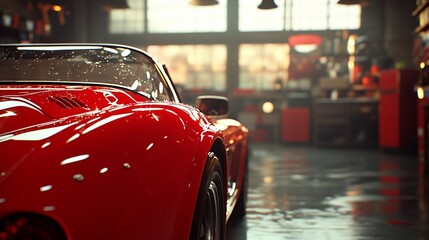 Red sports car in a garage