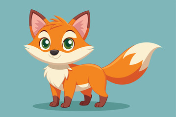Obraz premium This adorable cartoon fox features vibrant orange fur, striking green eyes, and a fluffy tail, standing happily against a soft blue backdrop, ready for adventure.