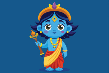 Obraz premium This illustration features a blue-skinned young deity dressed in vibrant traditional clothing, holding a golden staff adorned with jewels, set against a blue background.