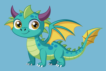 Fototapeta premium A small, adorable dragon with green and blue scales, large expressive eyes, and vibrant yellow wings stands cheerfully against a bright blue backdrop.