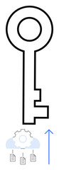 Key above a cloud gear system and files with upward arrow illustrating data security, access, cloud storage. Ideal for technology, innovation, cloud computing, security, automation, data management