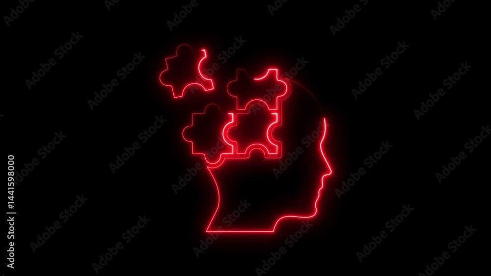 Poster red neon silhouette of a head with puzzle pieces representing problem solving
