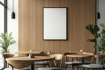 Interior of a cafe with wooden walls round tables chairs and a blank framed poster on the wall