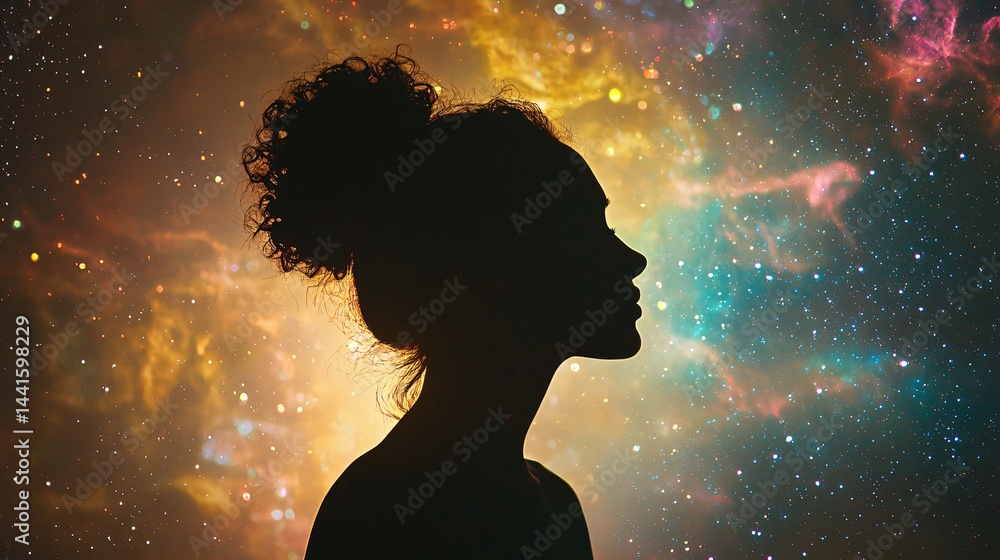 Poster silhouette of a person against a galaxy backdrop with stars and cosmic elements creating a mysteriou