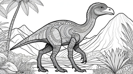 Fototapeta premium Oviraptor Dinosaur Black White Linear Doodles Line Art Coloring Page, Kids Coloring Book