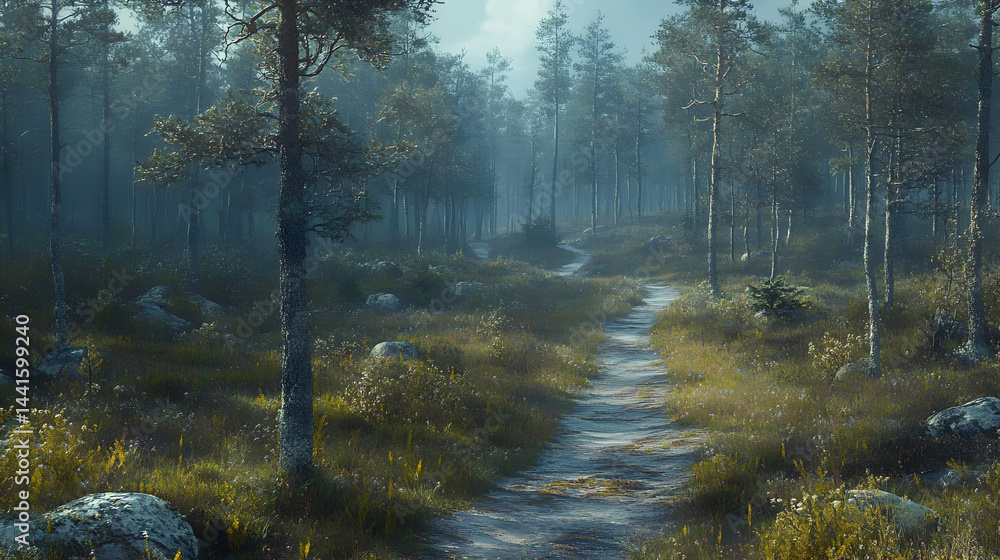 Poster serene forest path winding through misty pine trees, sunlight filtering through the canopy, creating
