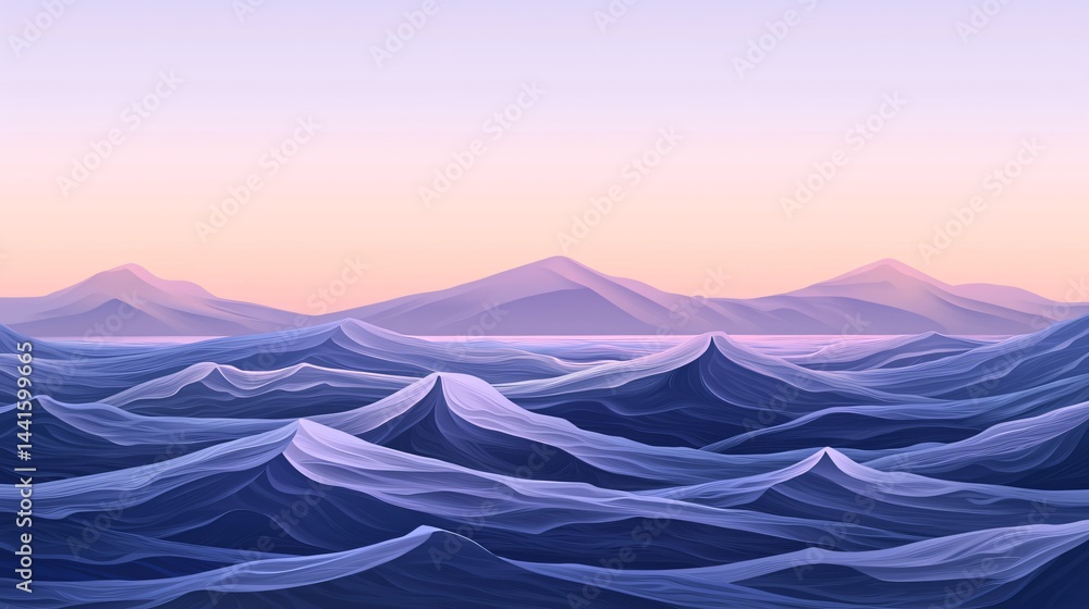 Aufkleber majestic mountain range under a soft pink sky at sunset with gentle ocean waves creating a calming a