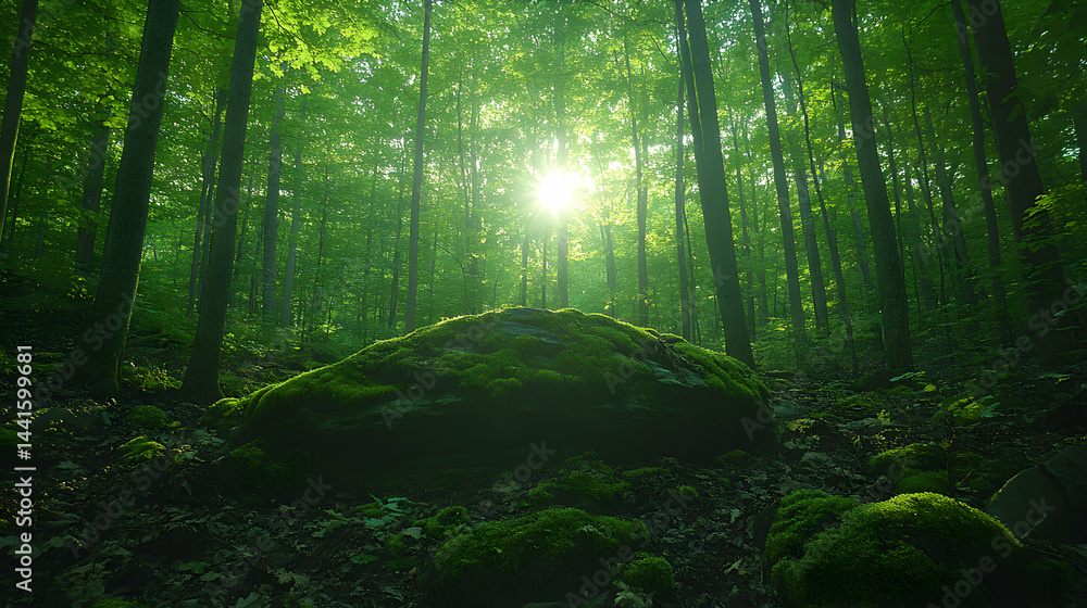 Poster serene sunlit forest scene with moss-covered rocks, creating a tranquil and magical atmosphere. perf