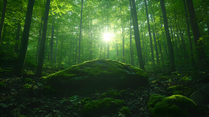 Obraz premium Serene sunlit forest scene with moss-covered rocks, creating a tranquil and magical atmosphere. Perfect for nature, environment, and wellness themes.