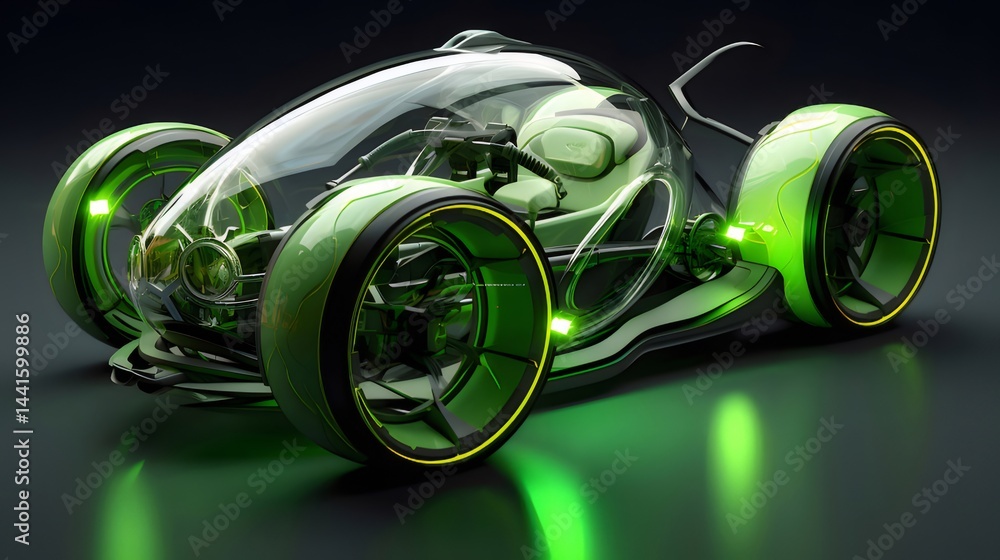 Poster 未来的な緑色透明車両の3dレンダリング暗い背景 自動車デザインと革新的なテクノロジー