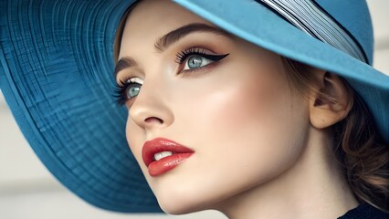 a beautiful woman with light make up and wearing blue hat 