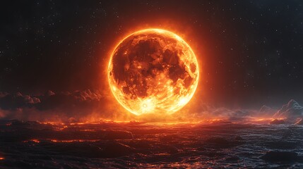 Massive Moon Surrounded by Fiery Glow Over Lunar Surface Photo