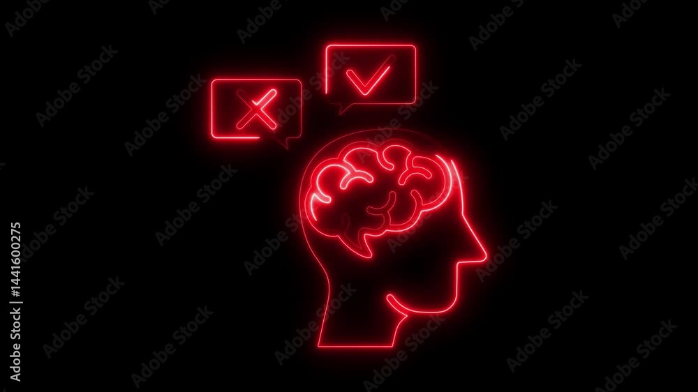 Poster neon brain with check and x symbols representing decision making process