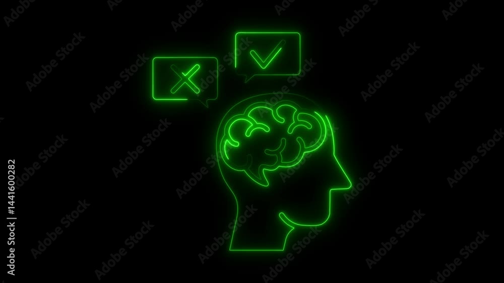 Poster glowing brain with check and cross mark concept idea generation and decision making
