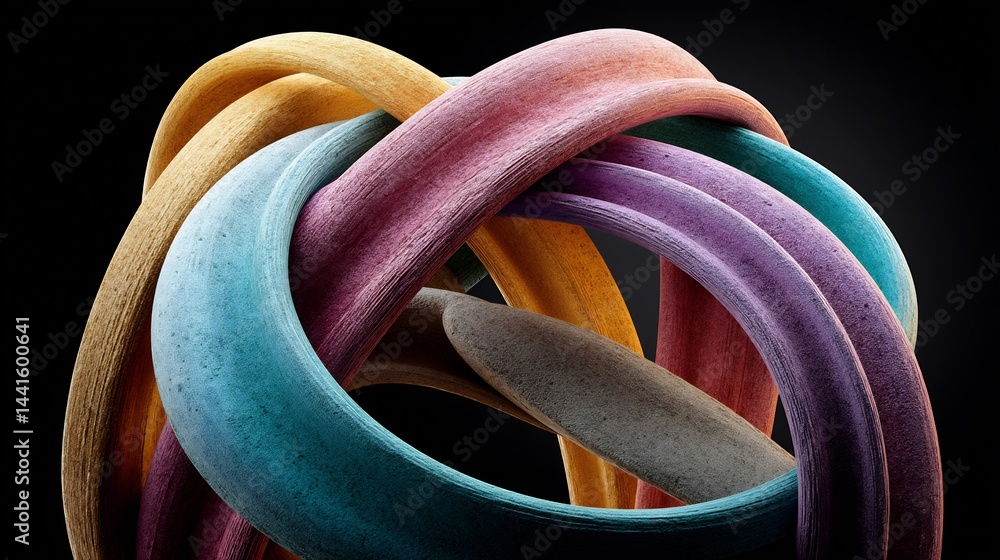 Poster intertwined rings of color: a dynamic abstract composition on dark backdrop