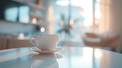 White Coffee Cup in Softly Lit Living Room