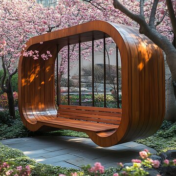 Serene Zen Garden with Wooden Swing Surrounded by Cherry Trees Photo
