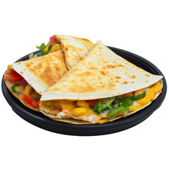 Quesadilla on a black round plate isolated on white or transparent background