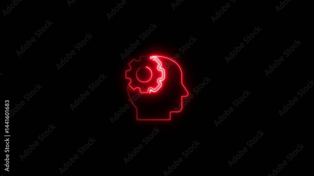 Poster red neon human head with gear rotating brain function and artificial intelligence