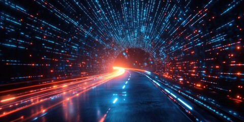 Futuristic digital tunnel with vibrant light streaks