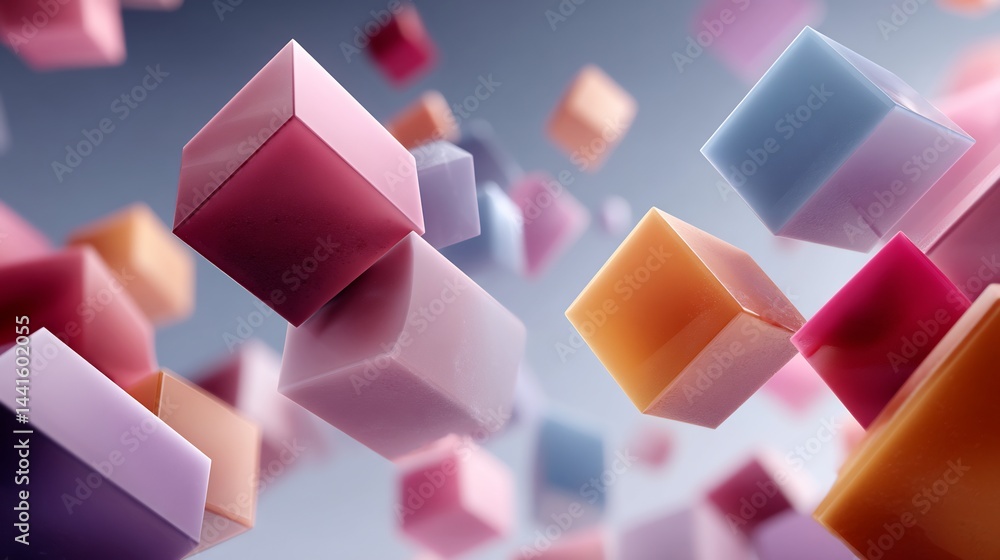 Aufkleber abstract geometric composition with floating pastel colored cubes in dynamic motion