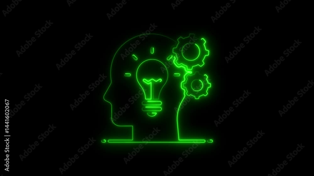 Poster glowing head profile with idea lightbulb and gears animation on black background
