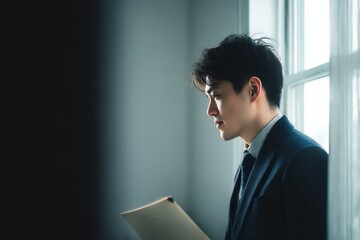 Thoughtful young man in formal suit looking thoughtfully out of a window with soft natural light illuminating his face and holding a clipboard, conveying contemplation and focus indoors