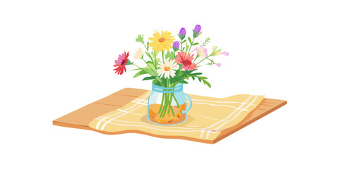 Colorful wildflowers in vase on napkin illustration