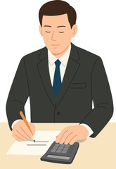 Businessman writing on document with calculator. Office accounting or finance concept, vector illustration.직장인,회사원,회계,세무,회계사,세무회계,계산기,계산하는,세금,사람,일러스트
