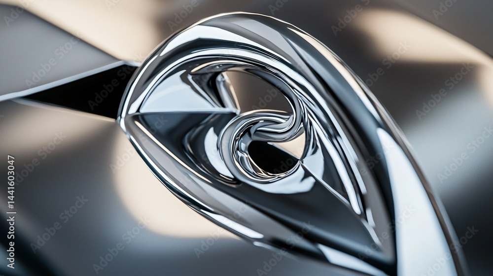 Poster close-up of an elegant chrome door handle featuring a sophisticated abstract design in sleek silver 