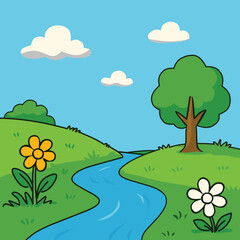 Fototapeta premium Simple Cartoon Landscape Vector Illustration Featuring Winding River Green Hills Trees Flowers and Puffy Clouds