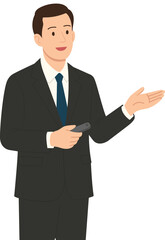 Businessman presenting with remote pointer. Office male character in black suit standing isolated, flat style.직장인,회사원,소개하는,정장입은,발표하는,사람,일러스트,벡터