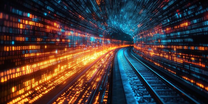 A digital tunnel of glowing binary code.