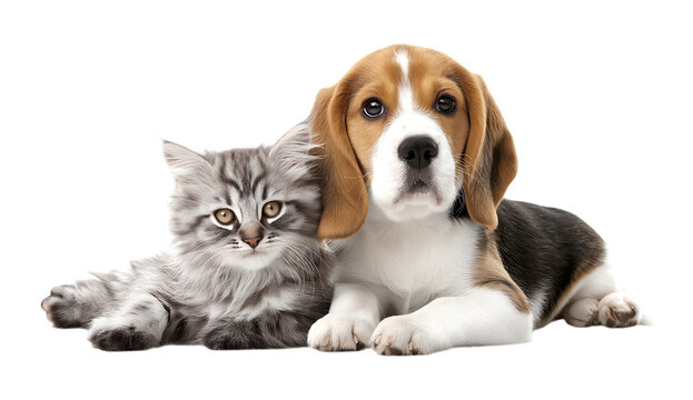 Puppy Beagle and kitten long-haired cat sitting, looking at the camera on a transparent background - Powered by Adobe