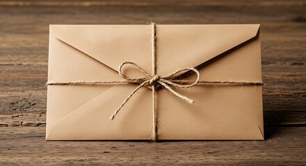 A brown envelope, crafted from Kraft paper and tied with rustic twine into a bow, sits on a textured and aged wooden surface