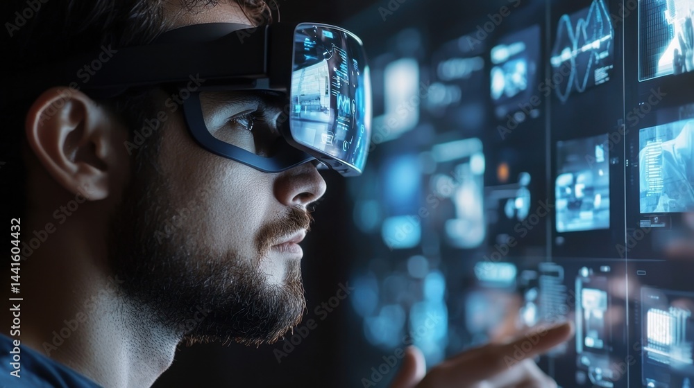 Poster man wearing high-tech ar goggles, scrolling through a virtual shopping menu, futuristic digital comm