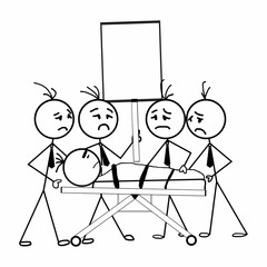 This is a pixel design illustrating the concept of a corporate emergency or server failure, showing sad employees carrying a colleague on a stretcher in protest.