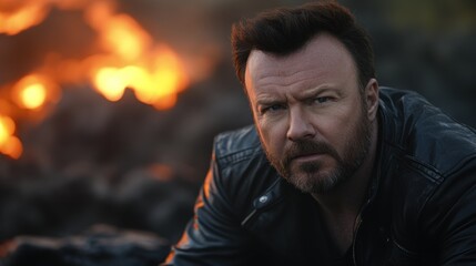 Obraz premium Close-up man in leather jacket, fire backdrop