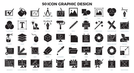 Set of vector icons illustrating various aspects of digital design, including software development, color palettes, web design, and graphic design. Perfect for use in presentations, websites, and mark