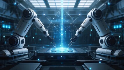 未来的なロボットアームが青い光線を通じてデータに接続する技術的なシーン