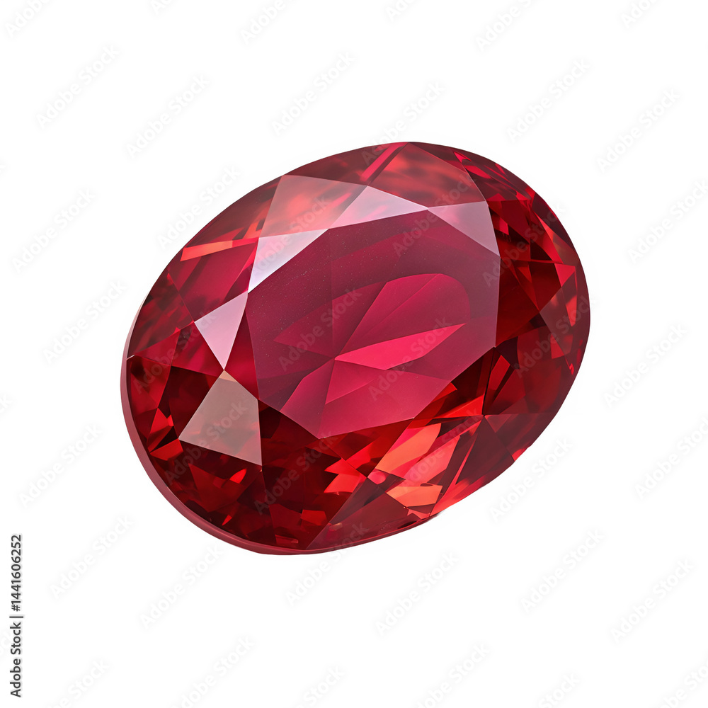 Poster a top-down view of a single ruby gemstone in an oval cut, showcasing its rich red color and smooth, 