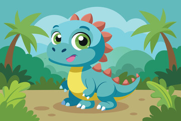 Naklejka premium A cute, animated dinosaur smiles happily in a tropical landscape filled with palm trees and greenery, evoking a playful and friendly atmosphere.