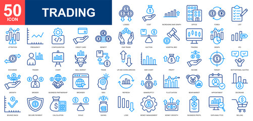 Trading icon set collection. Recycling, data analytics, stock market, money management, financial, data statistics icon. Simple line color vector.