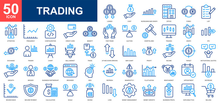 Trading icon set collection. Recycling, data analytics, stock market, money management, financial, data statistics icon. Simple line color vector.