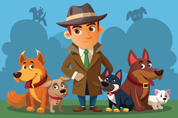 A cheerful individual in a detective coat interacts with a group of dogs, showcasing a playful atmosphere in a sunny park filled with greenery.