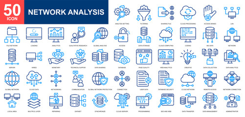 Network Analysis icon set collection. Cloud compunting, seo and web, data management, market research, digital service icon. Simple line color vector.